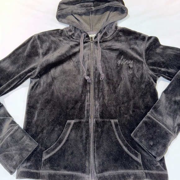 DKNY Hoodie Sweatshirt Black Velour Zip Up Front Pockets Women's Sz S - Picture 7 of 10